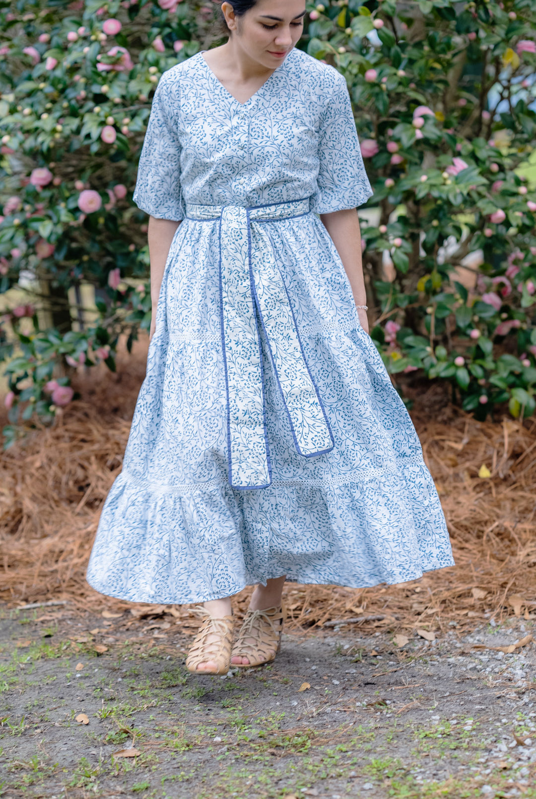 The Sofia Block Print Dress with Puff Sleeves in Azul is perfect to wear this Spring or Summer. Click here to see it styled!