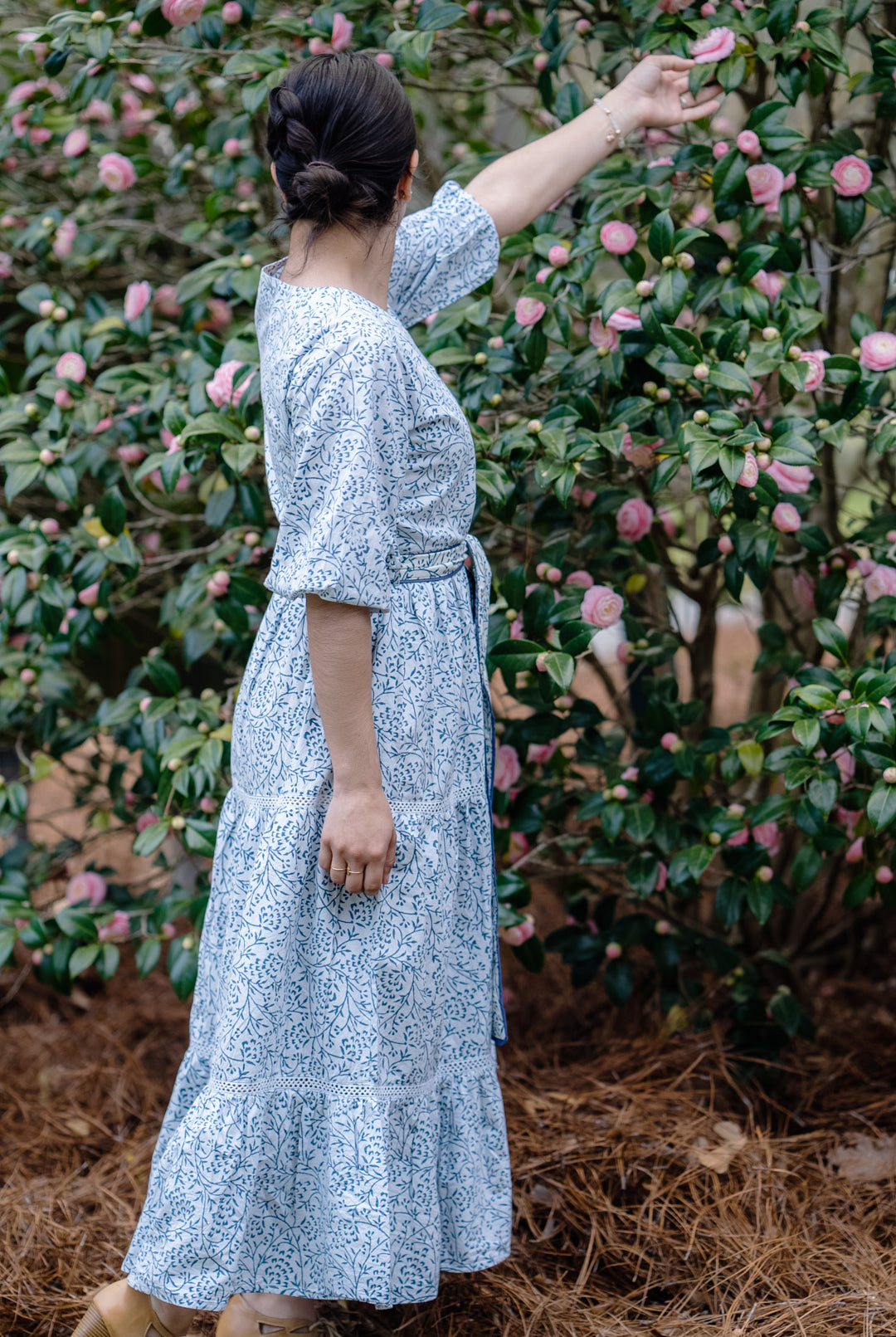 The Sofia Block Print Dress with Puff Sleeves in Azul is perfect to wear this Spring or Summer. Click here to see it styled!