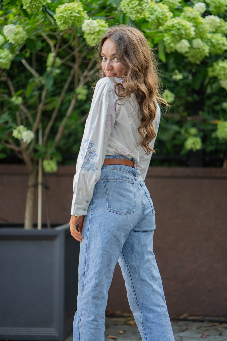 HEATHER CLASSIC FIT BLOUSE | PINK AND BLUE LARGE POPPY EMBROIDERY