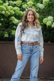 HEATHER CLASSIC FIT BLOUSE | PINK AND BLUE LARGE POPPY EMBROIDERY