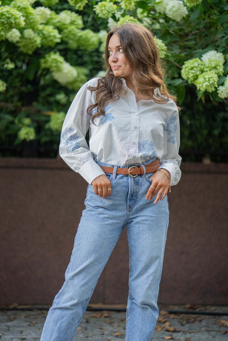 HEATHER CLASSIC FIT BLOUSE | PINK AND BLUE LARGE POPPY EMBROIDERY