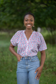 CECILIA V-NECK BLOUSE WITH PUFF SLEEVES | PEONY