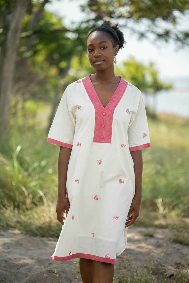 EMILY KNEE LENGTH KAFTAN DRESS | PINK POPPY EMBROIDERY