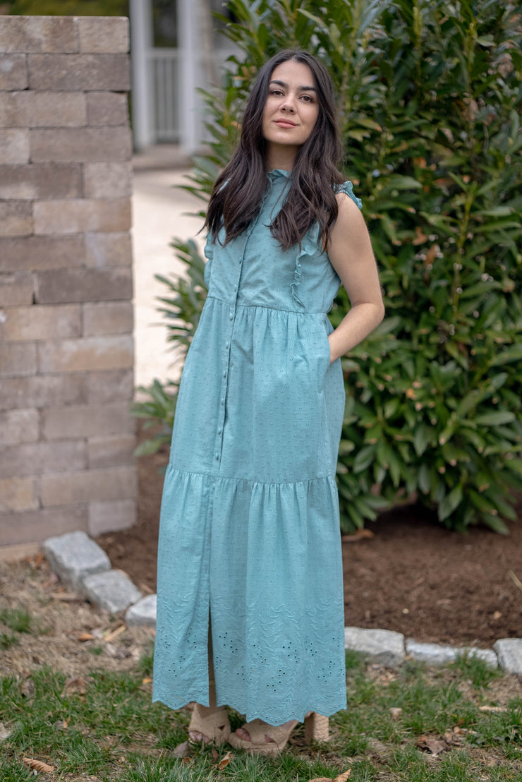 SAMPLE SALE - BIANCA RUFFLE SLEEVELESS DRESS | TEAL EYELET