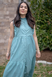 SAMPLE SALE - BIANCA RUFFLE SLEEVELESS DRESS | TEAL EYELET