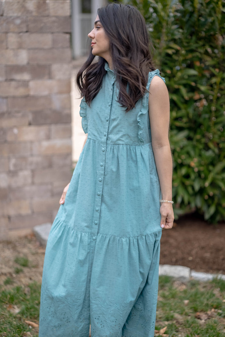 SAMPLE SALE - BIANCA RUFFLE SLEEVELESS DRESS | TEAL EYELET