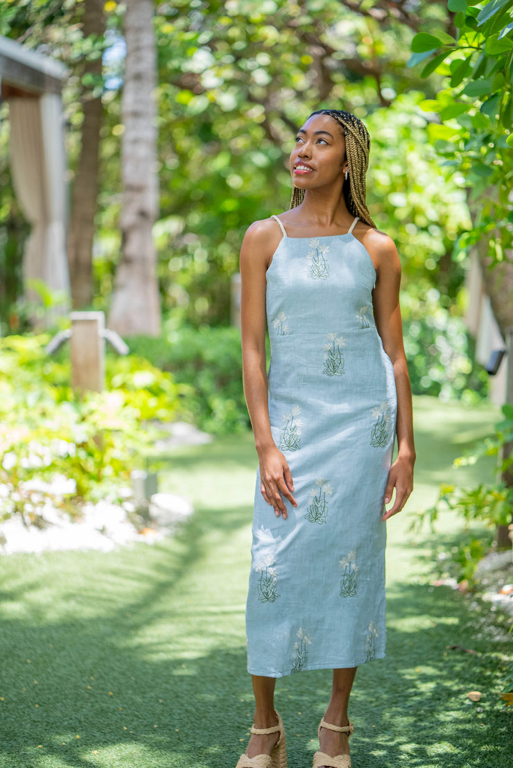 PRE-ORDER: ELIZA LINEN TAILORED MIDI DRESS | SEA BREEZE FLORA EMBROIDERY