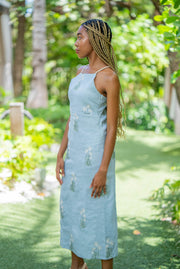 ELIZA LINEN TAILORED MIDI DRESS | SEA BREEZE FLORA EMBROIDERY