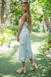 PRE-ORDER: ELIZA LINEN TAILORED MIDI DRESS | SEA BREEZE FLORA EMBROIDERY