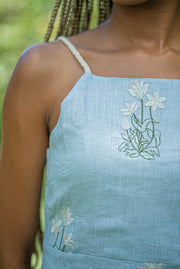 PRE-ORDER: ELIZA LINEN TAILORED MIDI DRESS | SEA BREEZE FLORA EMBROIDERY