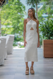 CANDICE LINEN PEEK-A-BOO MIDI DRESS | COMPORTA SAND LINEN