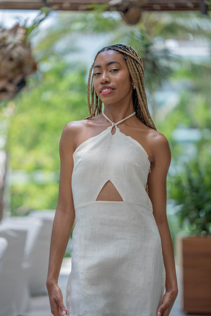 CANDICE LINEN PEEK-A-BOO MIDI DRESS | COMPORTA SAND LINEN