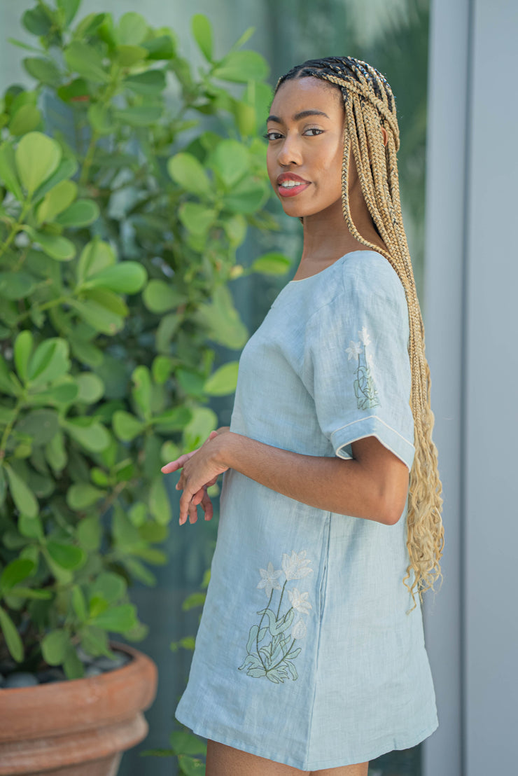 PRE-ORDER: SAMANTHA LINEN MINI DRESS | SEA BREEZE FLORA EMBROIDERY