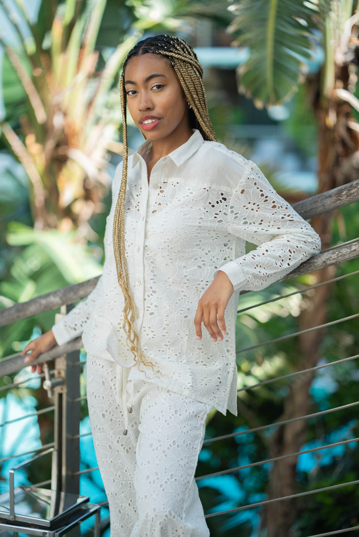 PRE-ORDER: ZOEY OVERSIZED BUTTON DOWN BLOUSE | COASTAL BLOOM EYELET