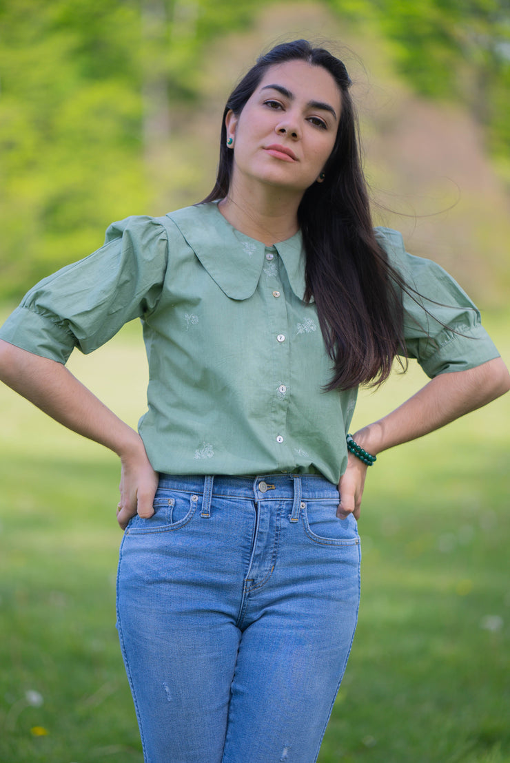 BRENDA BLOUSE WITH COLLAR | SAGE POPPY EMBROIDERY