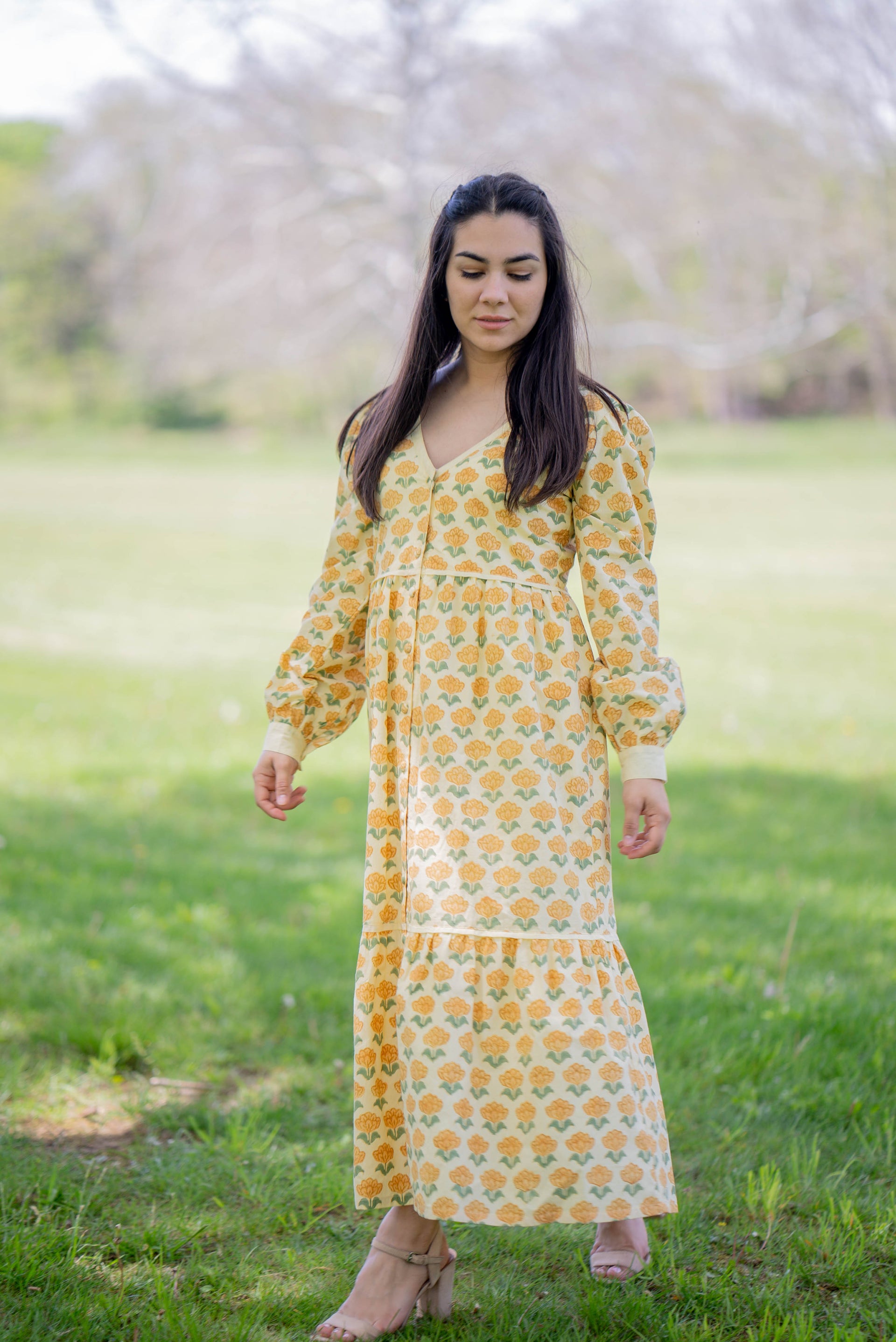 yellow v neck midi dress ANGELICA V-NECK MIDI DRESS