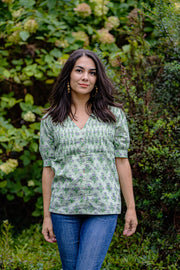 AVA PLEATED V NECK BLOUSE | GREEN GRACIOSA