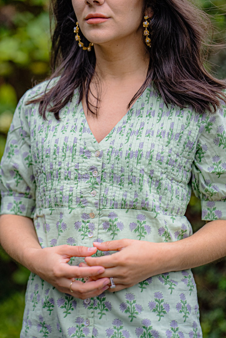 AVA PLEATED V NECK BLOUSE | GREEN GRACIOSA