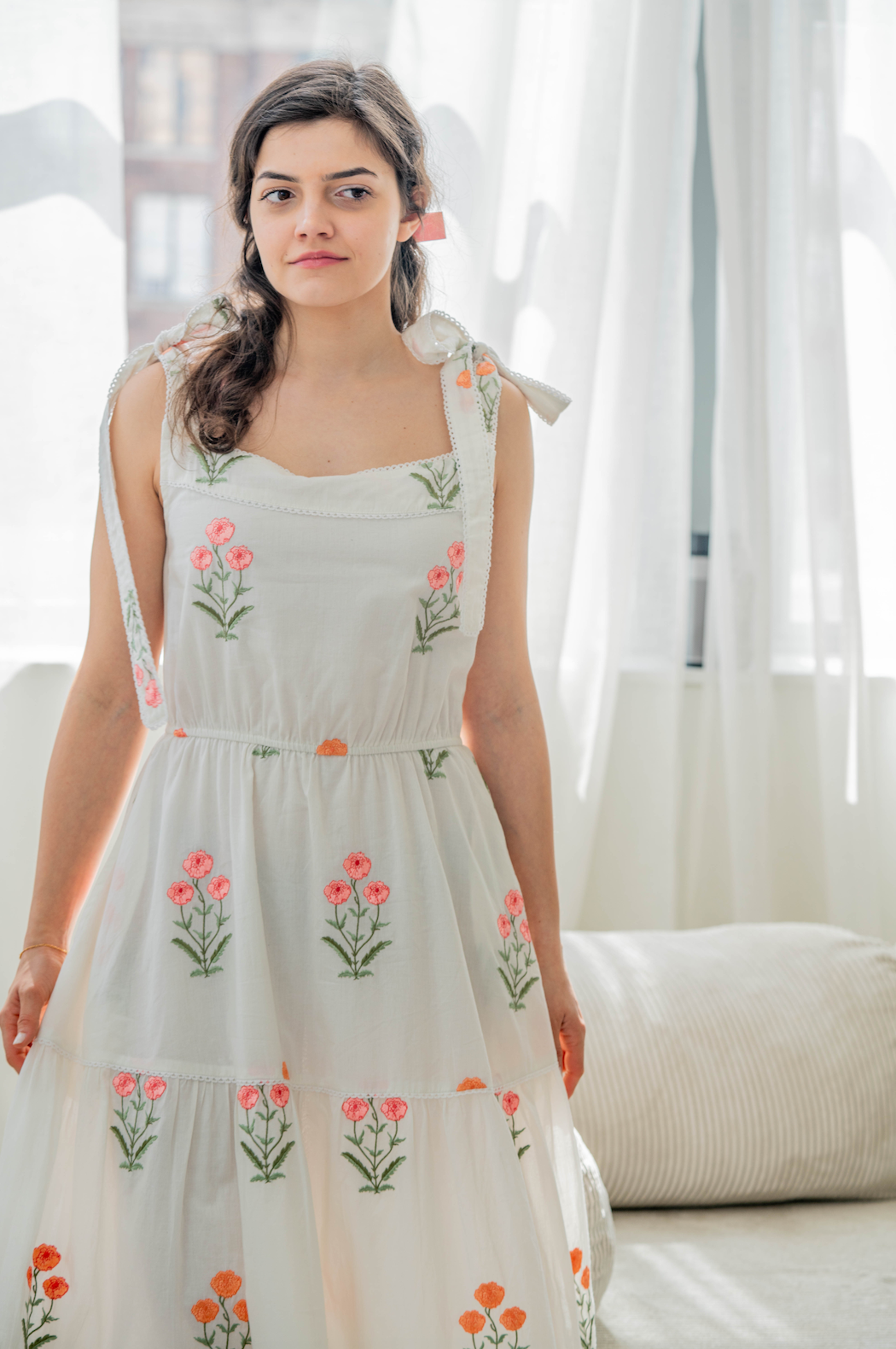 CATALINA TIE STRAP MAXI DRESS | FLORAL BLOOM EMBROIDERY