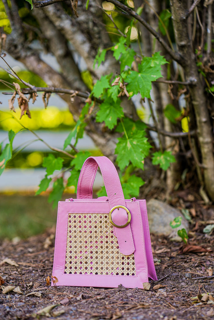 HELENA RATTAN WITH LEATHER TRIM HANDBAG | PINK