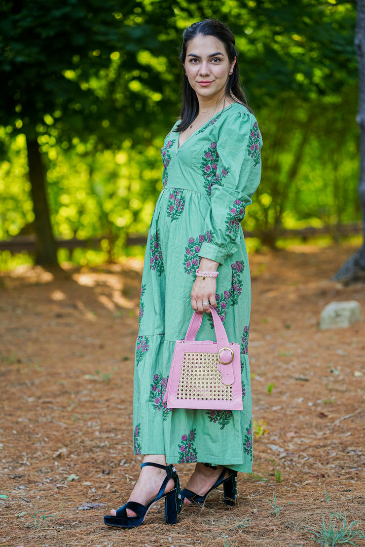 HELENA RATTAN WITH LEATHER TRIM HANDBAG | PINK