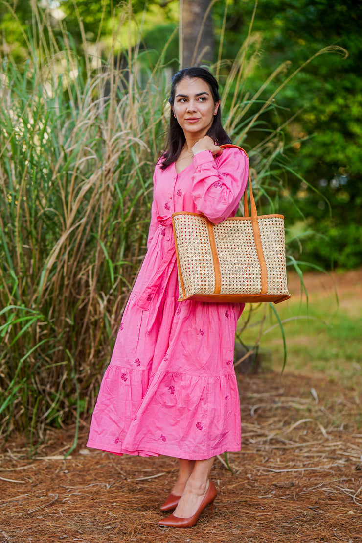 BELLA RATTAN WITH LEATHER TRIM TOTE