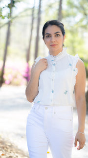 BEATRIZ RUFFLE SLEEVELESS BLOUSE | TEAL POPPY