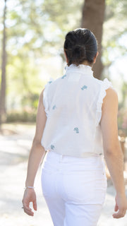 BEATRIZ RUFFLE SLEEVELESS BLOUSE | TEAL POPPY