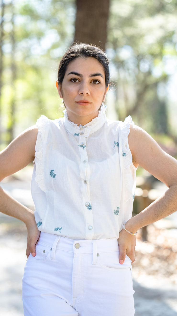 BEATRIZ RUFFLE SLEEVELESS BLOUSE | TEAL POPPY