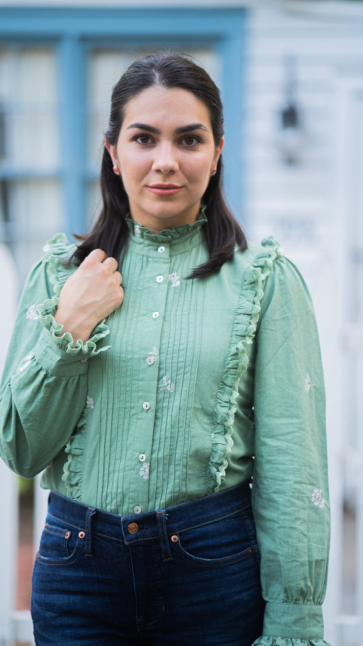 JULIANA GREEN LACE AND EMBROIDERED BLOUSE